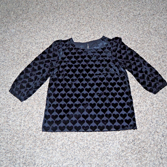 TALBOTS Black Velvet Burnout Hearts Blouson Top Size L Sheer Overlay Blouse - Picture 6 of 12